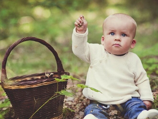 bébé dans la foret avec un panier bébé dans la foret avec un panier