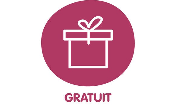 Cadeau blanc sur fond rose, texte "GRATUIT" dessous.