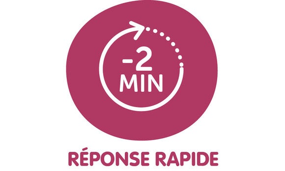 Icône circulaire rose avec flèche indiquant "-2 MIN".